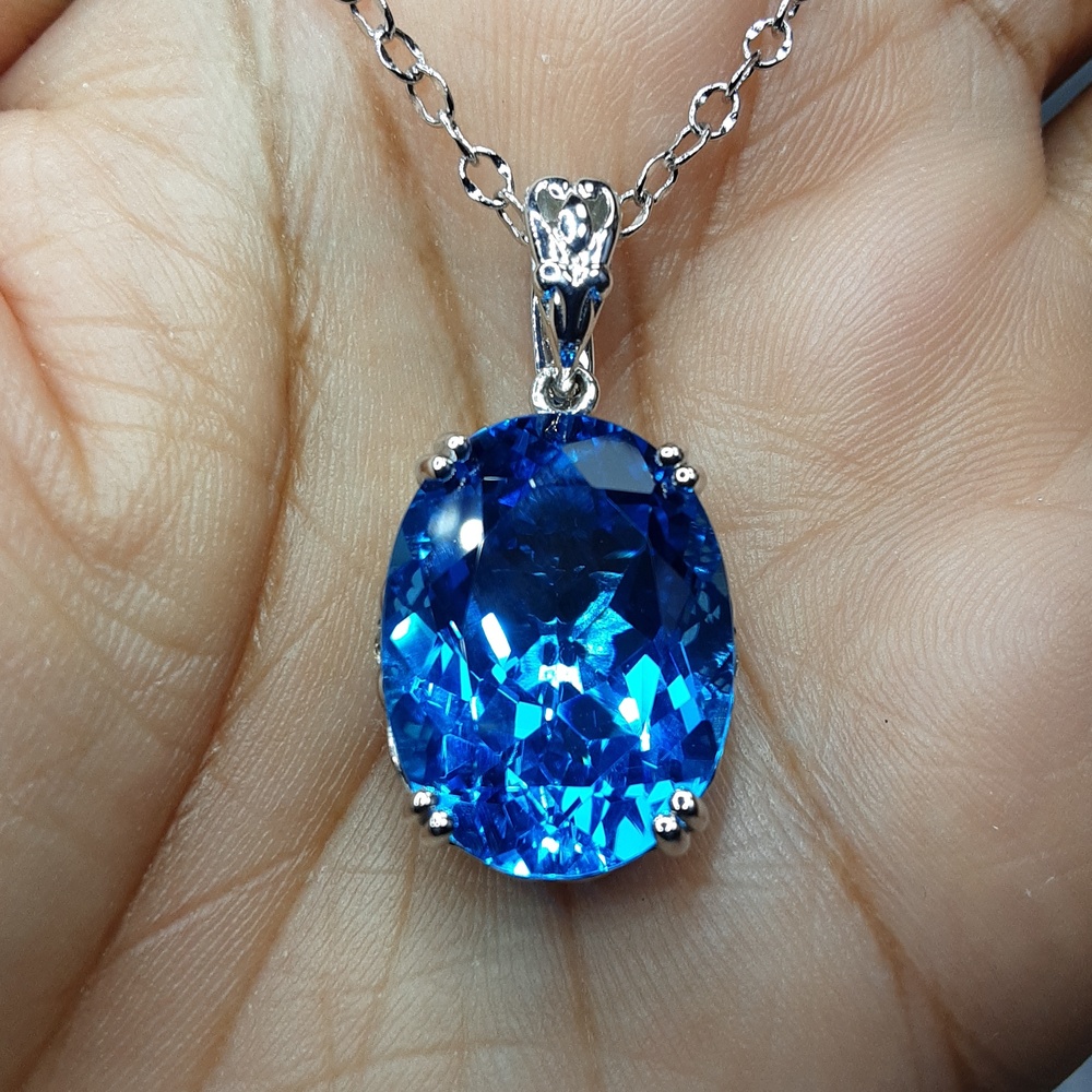 Rare, 925 Ostro Blue Topaz, White Topaz Pendant With Chain.